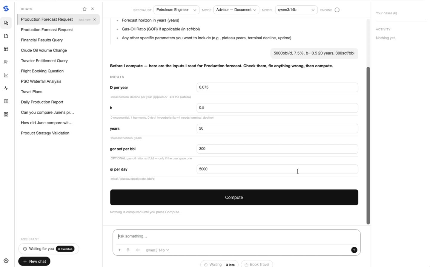 The Sanduku interface working through a production forecast